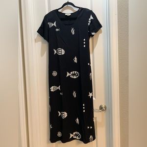Vintage Connie Choi BLACK  Midi Geometric Fish Print Dress Large Made In USA.